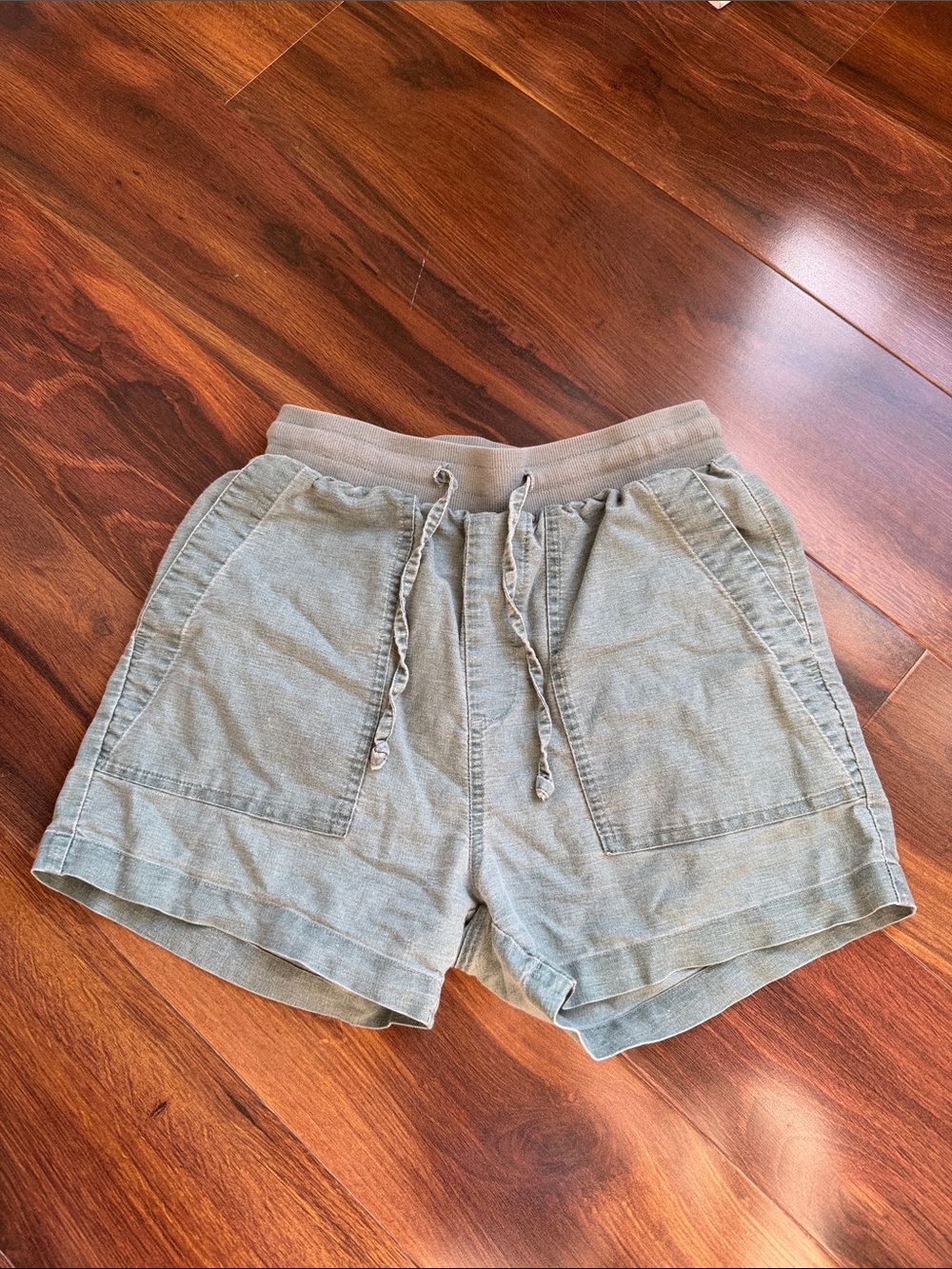 Jetty Linen Cotton 3” Shorts Elastic Waistband with Pockets Womens S Slate Green
